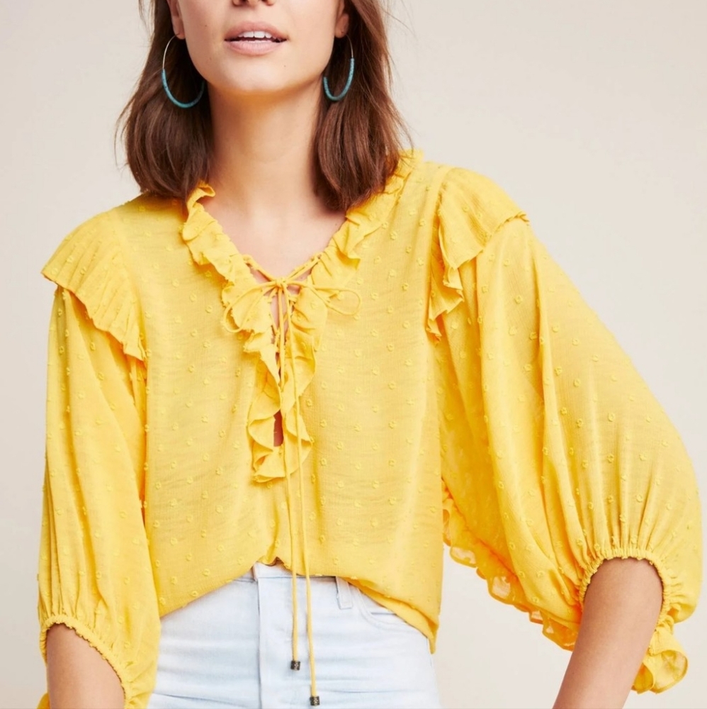 Anthropologie Yellow Ruffle Puff Sleeve Haida Peasant Ruffle Top - M